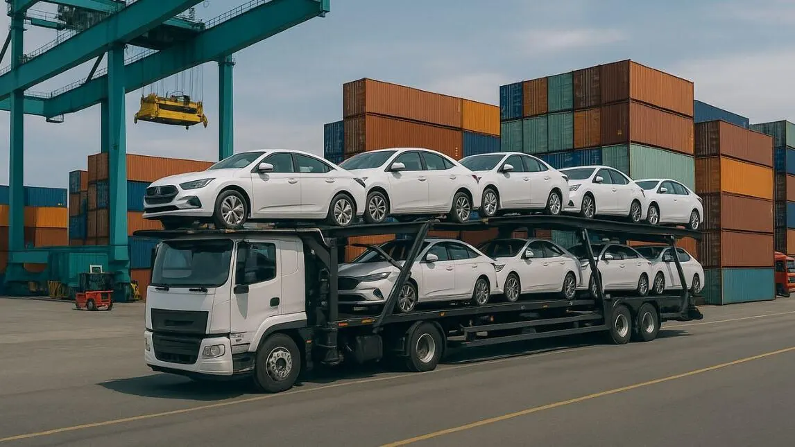 Car-carrier truck delivering export vehicles to a container terminal