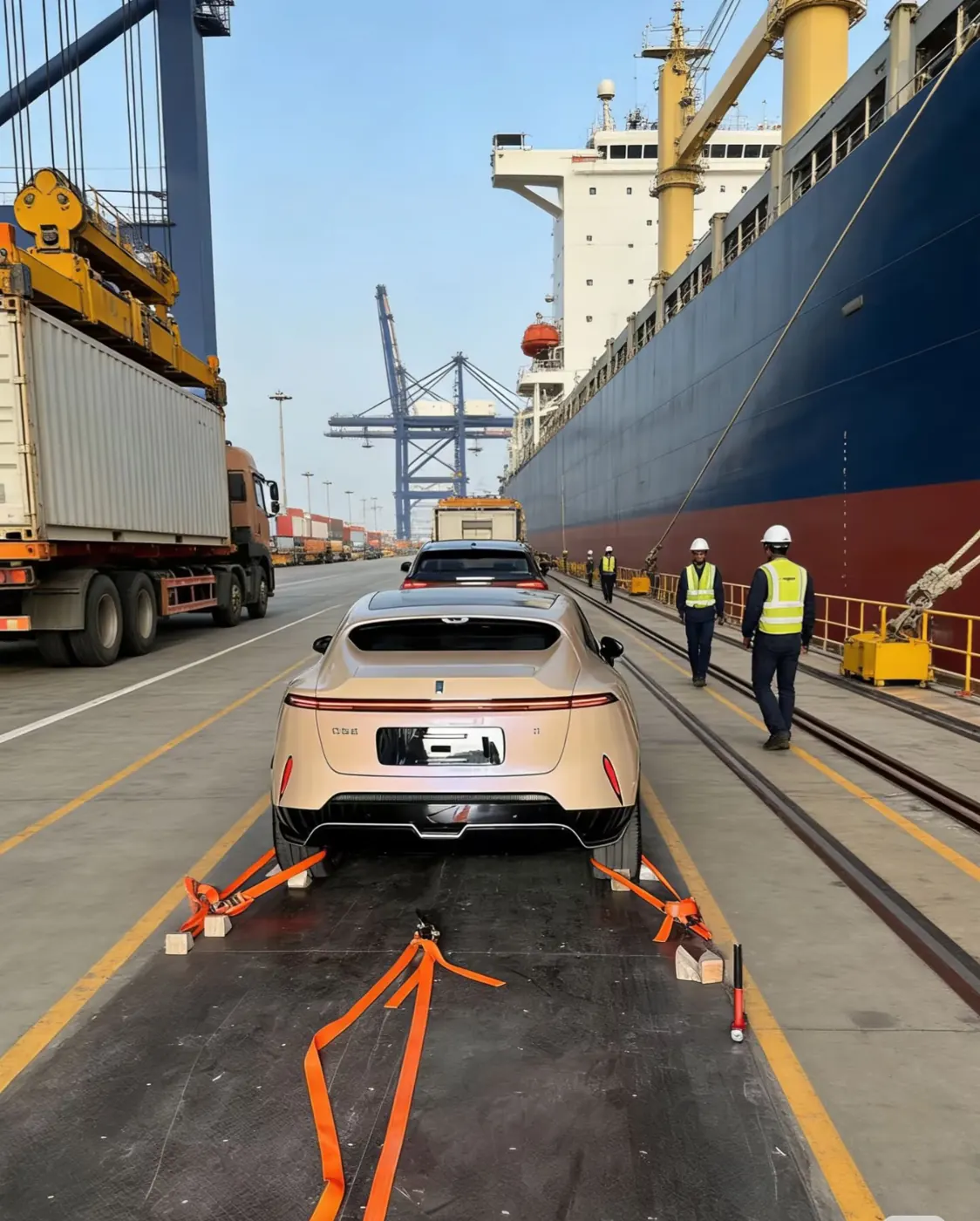 Vehicle strapped on the quay before Ro-Ro loading